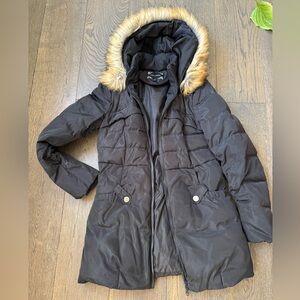 Black Puffer Parka Jacket with Faux Fur Trim